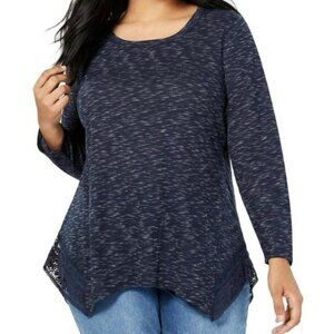 Style & Co blue long sleeve tunic top with lace detail at hem. Women's 1X